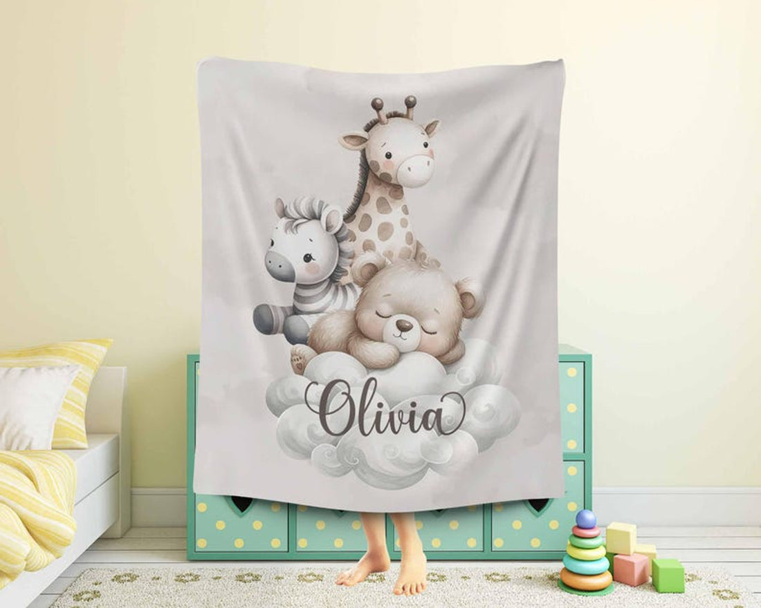FUNSTUFFPRINT Custom  Animals Nursery Blanket Personalized Baby Blanket Forest Animal Blanket Kids Custom Name Blanket Jungle Baby Shower Gift For Girls