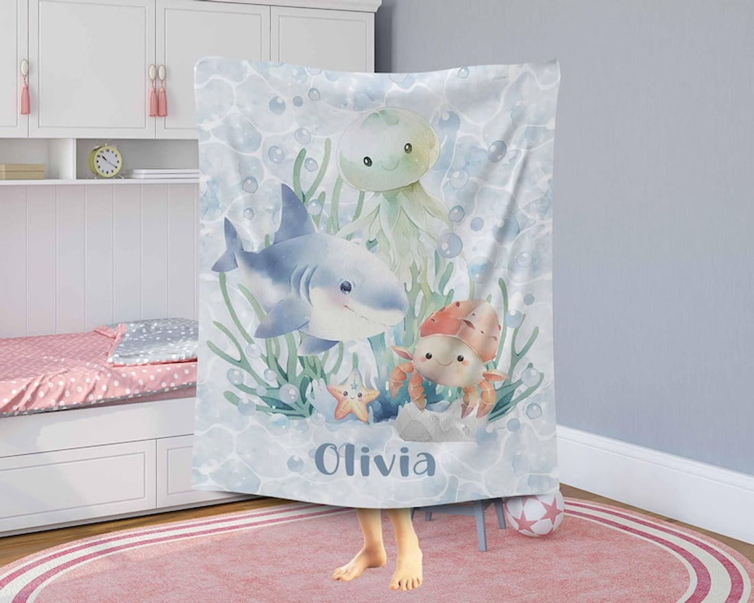 FUNSTUFFPRINT Custom  Ocean Animals Nursery Blanket Personalized Baby Blanket Sea Animal Blanket Kids Custom Name Blanket Under The Sea Baby Shower Gift For Boys