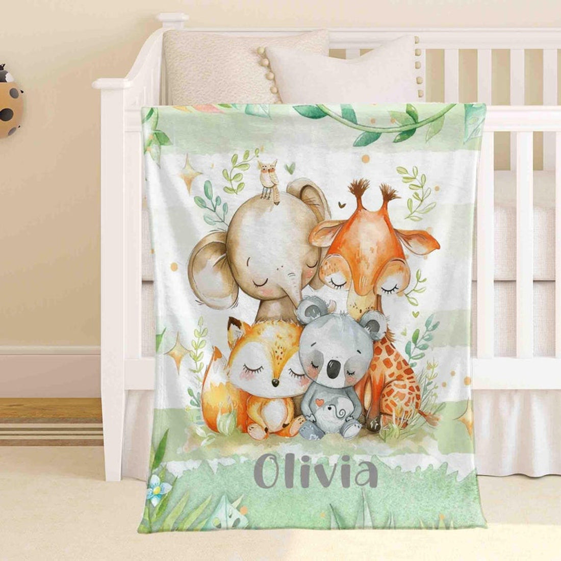 FUNSTUFFPRINT Custom  Sleeping Safari Animals Nursery Blanket Personalized Baby Blanket Forest Animal Blanket Kids Name Blanket Jungle Baby Shower Gift Throw