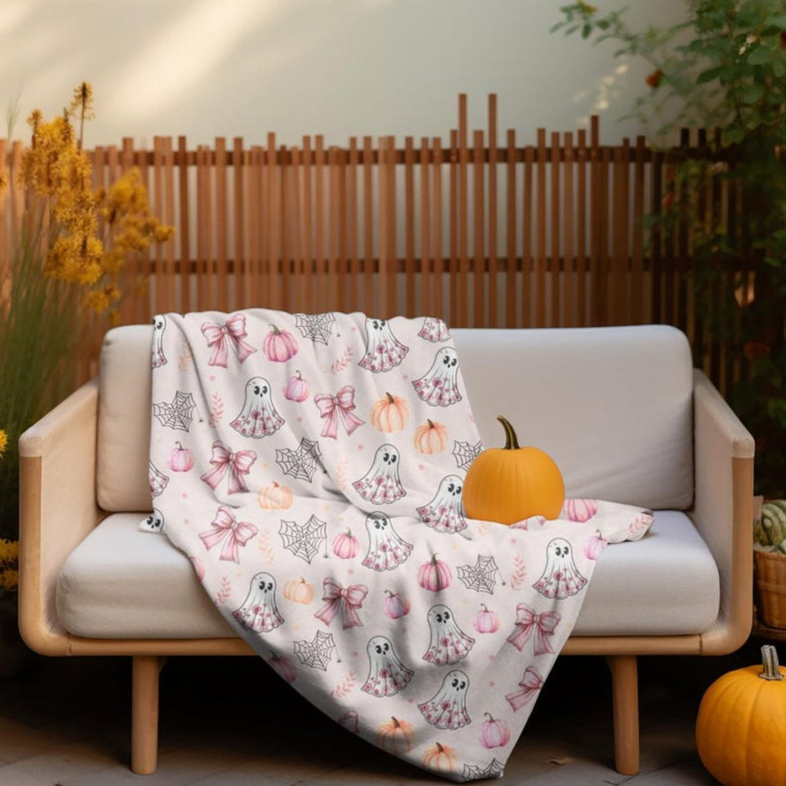 FUNSTUFFPRINT Preppy Aesthetic Ghost Blanket | Pink Velveteen Halloween Spooky Season Throw | Halloween Room Decor Gift | Cozy Halloween Dorm Decor