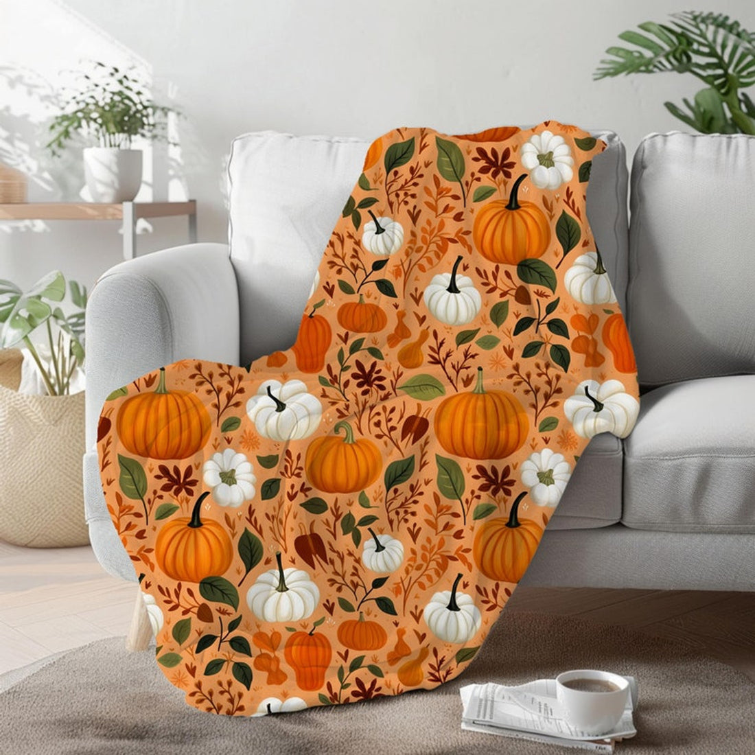 FUNSTUFFPRINT Fall Pumpkins Throw Blanket For Couch, Fall Aesthetics Decor For Home, Autumn Leaves Decor For Living Room, Bedroom Decor Throw Blanket For