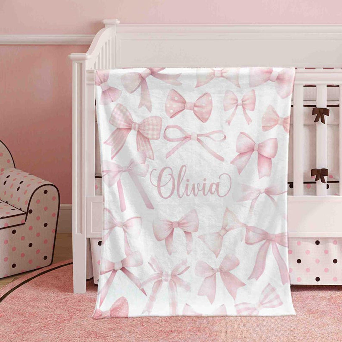 FUNSTUFFPRINT Custom  Bow Nursery Blanket Coquette Custom Baby Name Blanket Kids Custom Name Blanket Baby Girl Gift For Daughter