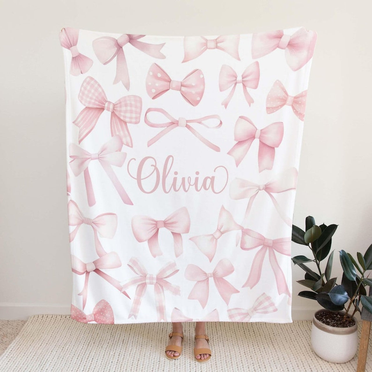 FUNSTUFFPRINT Custom  Bow Nursery Blanket Coquette Custom Baby Name Blanket Kids Custom Name Blanket Baby Girl Gift For Daughter
