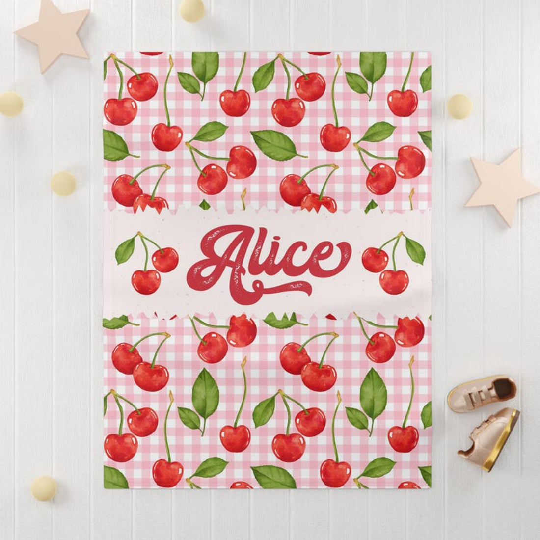 FUNSTUFFPRINT Custom  Cherry Nursery Blanket Coquette Custom Baby Name Blanket Kids Custom Name Blanket Baby Girl Gift For Daughter Fruit Lover Gift