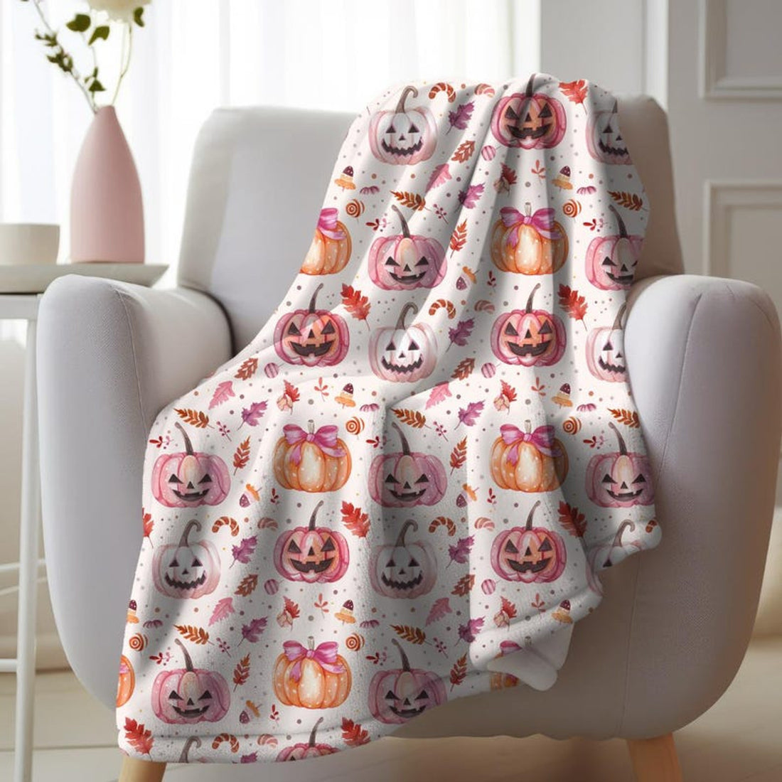 FUNSTUFFPRINT Cute Halloween Plush Throw Blanket | Spooky Season Velveteen Blanket | Cottagecore Watercolor Pumpkin Halloween Decor | Fall Dorm Room Decor