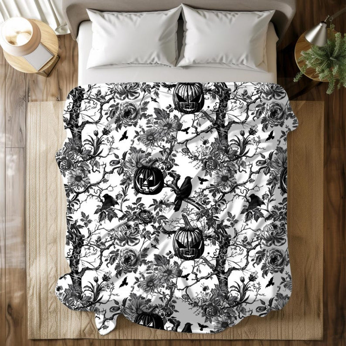 FUNSTUFFPRINT Halloween Chinoiseri Velveteen Blanket, Pumpkins and Flowers, Spooky Season Cozy Throw, Gift for Her, Couch Throw, Spooky Vintage Gifts
