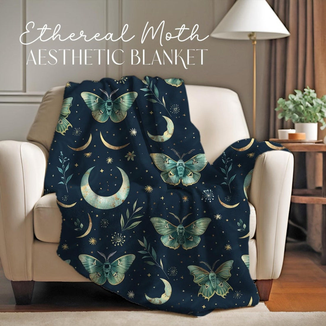 FUNSTUFFPRINT Mushroomcore Moth Aesthetic Velveteen Blanket, Boho Ethereal Moth, Forest Mushroom Christmas Gift Idea, Throw Blanket, Lunar Moon Forestcore