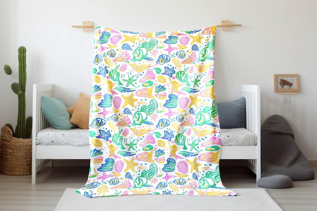 FUNSTUFFPRINT Mermaidcore Seashell Blanket, Ocean Keepsake Blanket, Summer Vibe Baby Swaddle, Baby Shower Gift, Childrens Kids Blankets