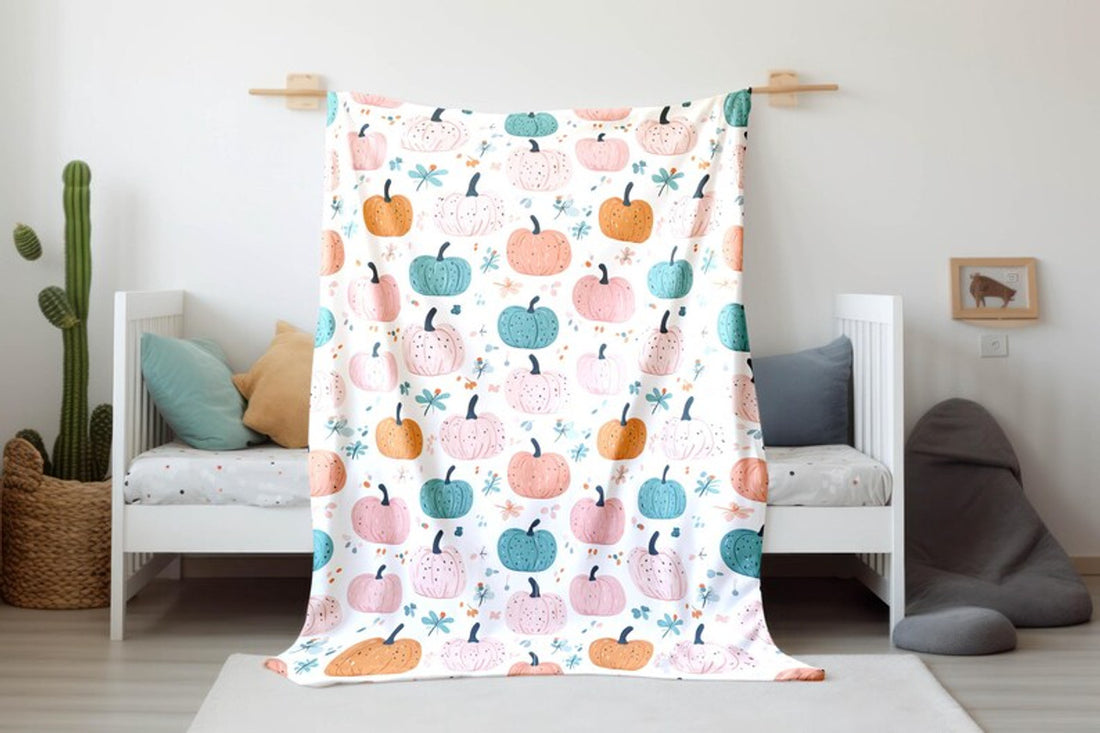 FUNSTUFFPRINT Pastel Pumpkin Fall Nursery Decor, Coquette Halloween Velveteen Plush Blanket, Cozy Autumn Bedding, Cute Halloween Throw Blanket