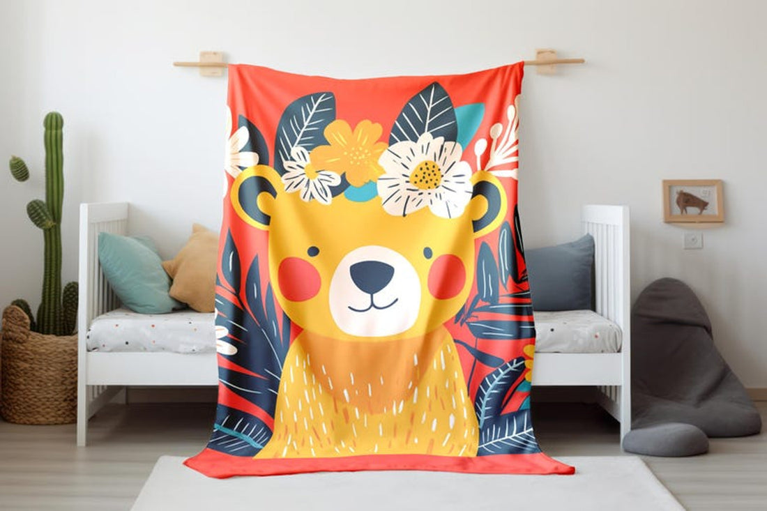 FUNSTUFFPRINT Silly Bear with Floral Headband Velveteen Blanket, Cute Bear Blanket Print, Sherpa Baby Blanket Whimsical Nursery Decor, Sherpa Blanket