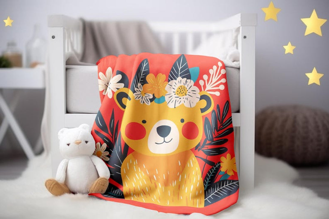 FUNSTUFFPRINT Silly Bear with Floral Headband Velveteen Blanket, Cute Bear Blanket Print, Sherpa Baby Blanket Whimsical Nursery Decor, Sherpa Blanket