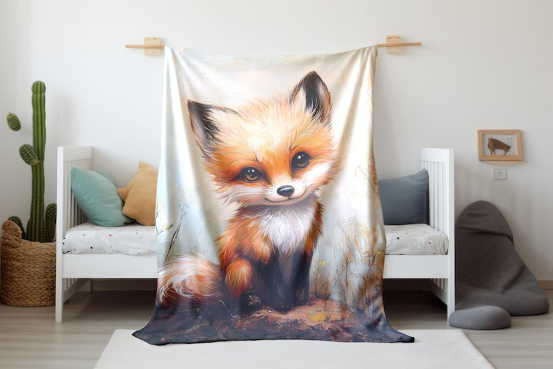 FUNSTUFFPRINT Whimsical Baby Fox Velveteen Blanket, Cute Fox Blanket Print, Sherpa Baby Blanket Nursery Decor