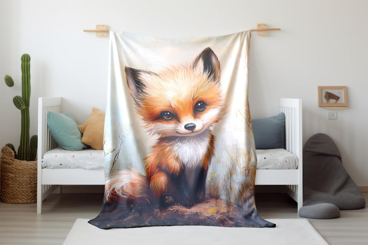 FUNSTUFFPRINT Whimsical Baby Fox Velveteen Blanket, Cute Fox Blanket Print, Sherpa Baby Blanket Nursery Decor