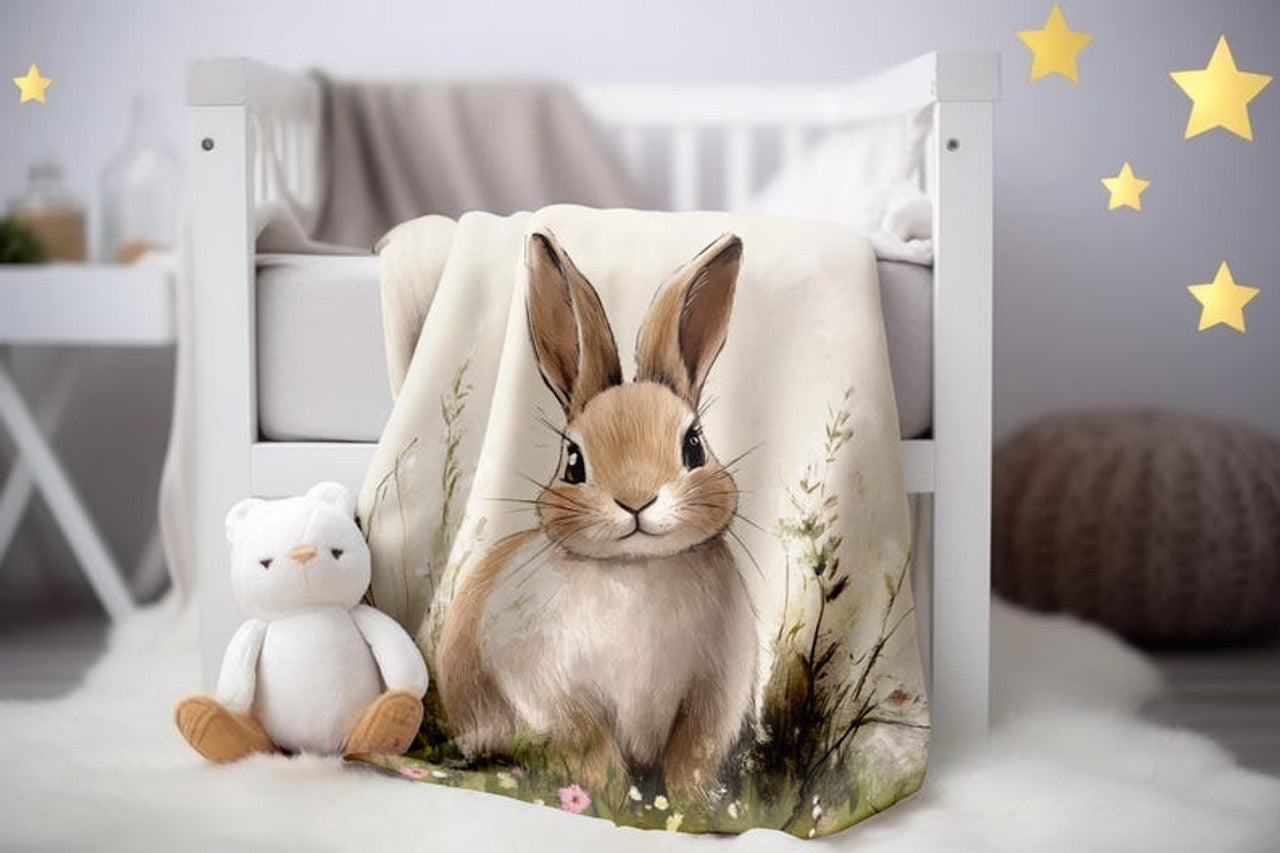 FUNSTUFFPRINT Cute Woodland Animal Bunny Rabbit Velveteen Blanket, Baby Blanket Bunny Print, Sherpa Plush Blanket Nursery Decor, Kid's Bedding