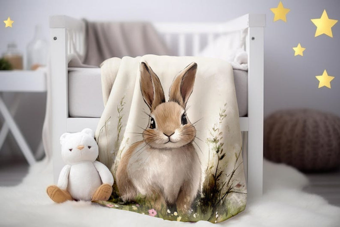 FUNSTUFFPRINT Cute Woodland Animal Bunny Rabbit Velveteen Blanket, Baby Blanket Bunny Print, Sherpa Plush Blanket Nursery Decor, Kid's Bedding