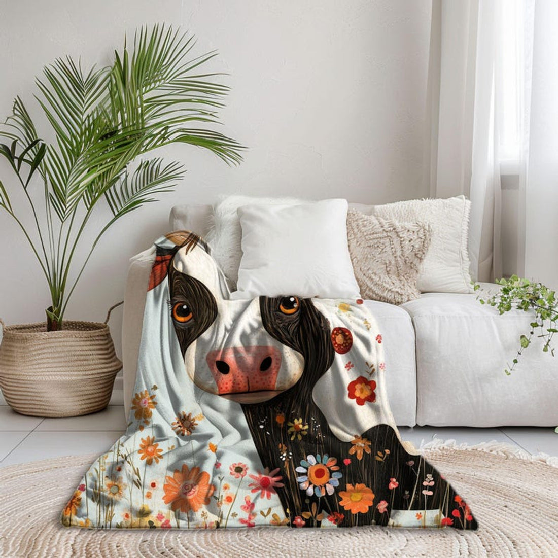 FUNSTUFFPRINT Whimsical Cow Velveteen Blanket, Cute Cow Baby Blanket Print, Sherpa Blanket Nursery Room Decor, Baby Girl Blanket, Swaddle Baby Blanket