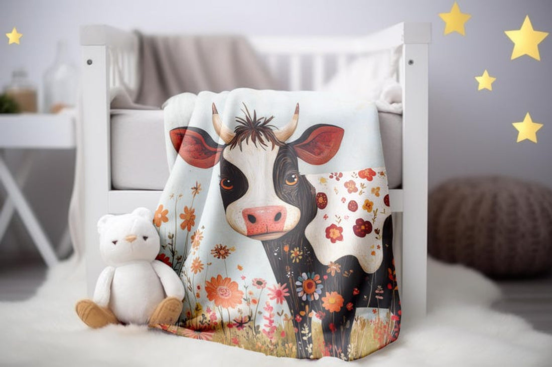 FUNSTUFFPRINT Whimsical Cow Velveteen Blanket, Cute Cow Baby Blanket Print, Sherpa Blanket Nursery Room Decor, Baby Girl Blanket, Swaddle Baby Blanket