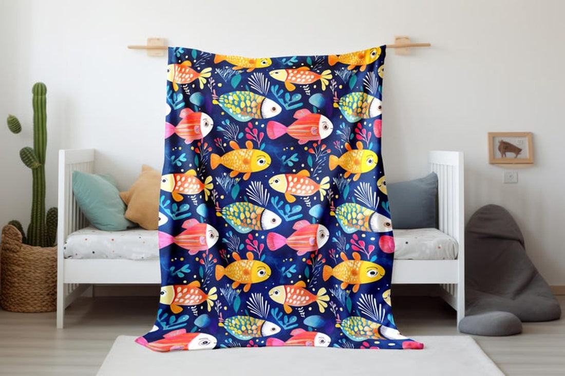 FUNSTUFFPRINT Whimsical Colorful Fish Baby Blanket, Cute Full Print Fish Velveteen Blanket, Sherpa Blanket Nursery Room Decor