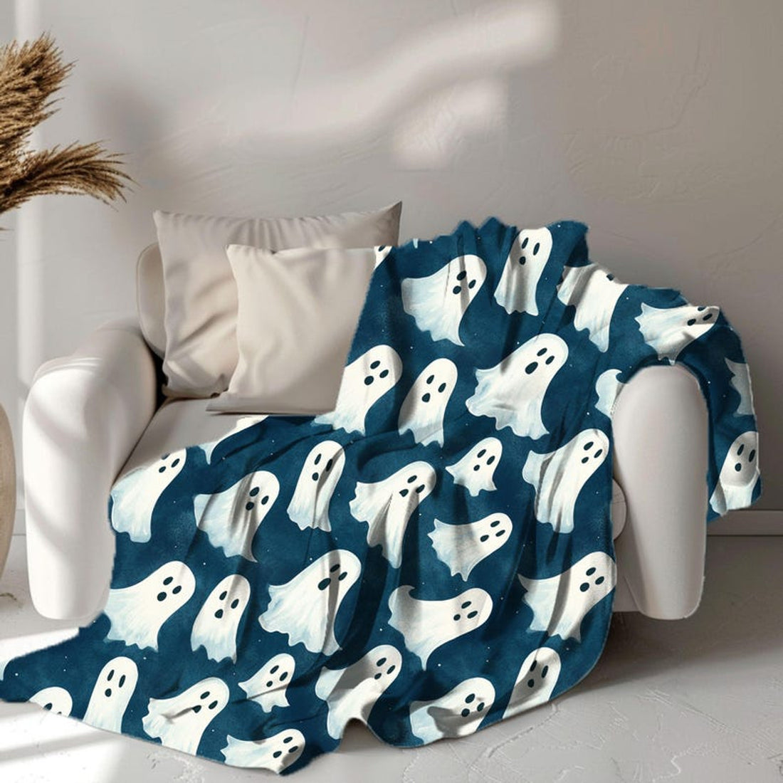FUNSTUFFPRINT Whimsical Ghost Pattern Baby Blanket Design, Cute Full Print Ghost Velveteen Blanket, Sherpa Blanket Nursery Room Decor, Baby Blanket