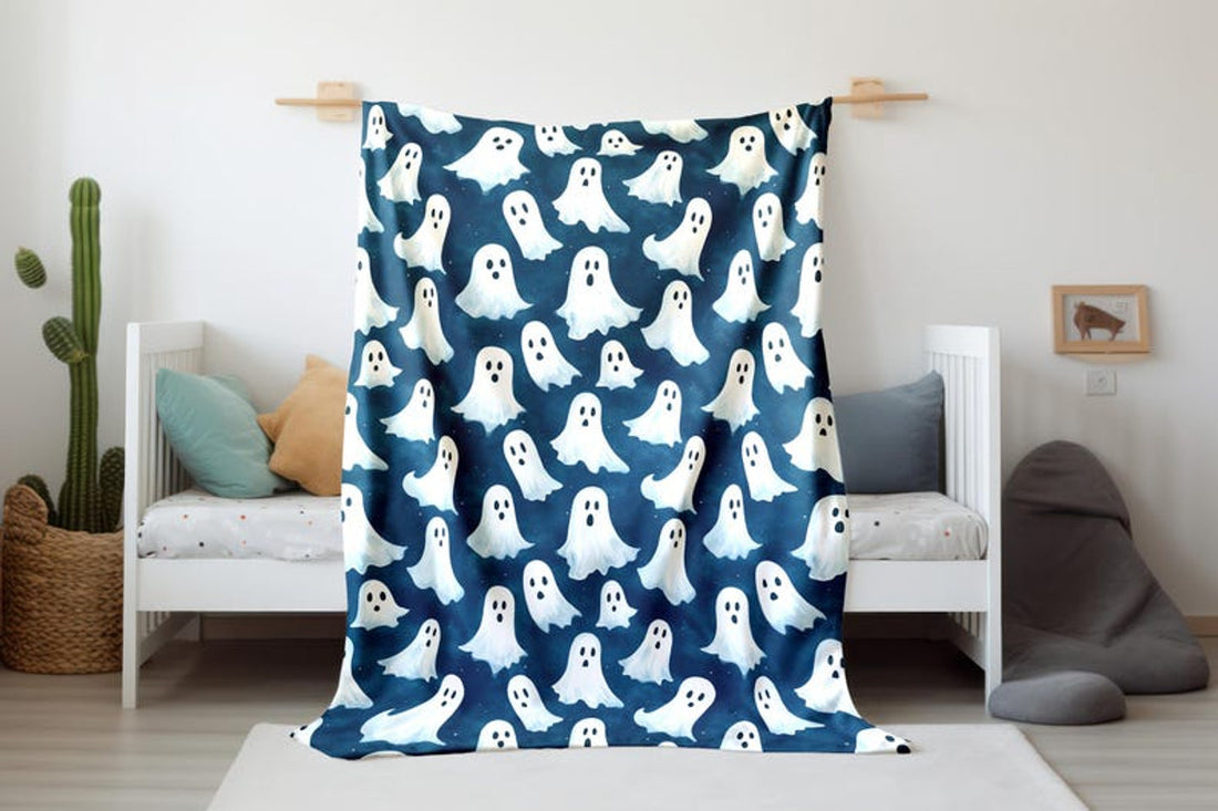 FUNSTUFFPRINT Whimsical Ghost Pattern Baby Blanket Design, Cute Full Print Ghost Velveteen Blanket, Sherpa Blanket Nursery Room Decor, Baby Blanket