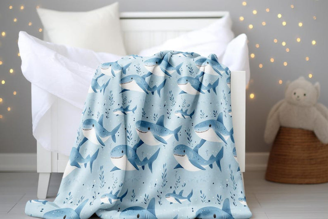 FUNSTUFFPRINT Cute Baby Shark Pattern Velveteen Blanket Design, Whimsical Shark Baby Blanket, Sherpa Blanket Nursery Decor, Sherpa Blanket, Baby Blanket