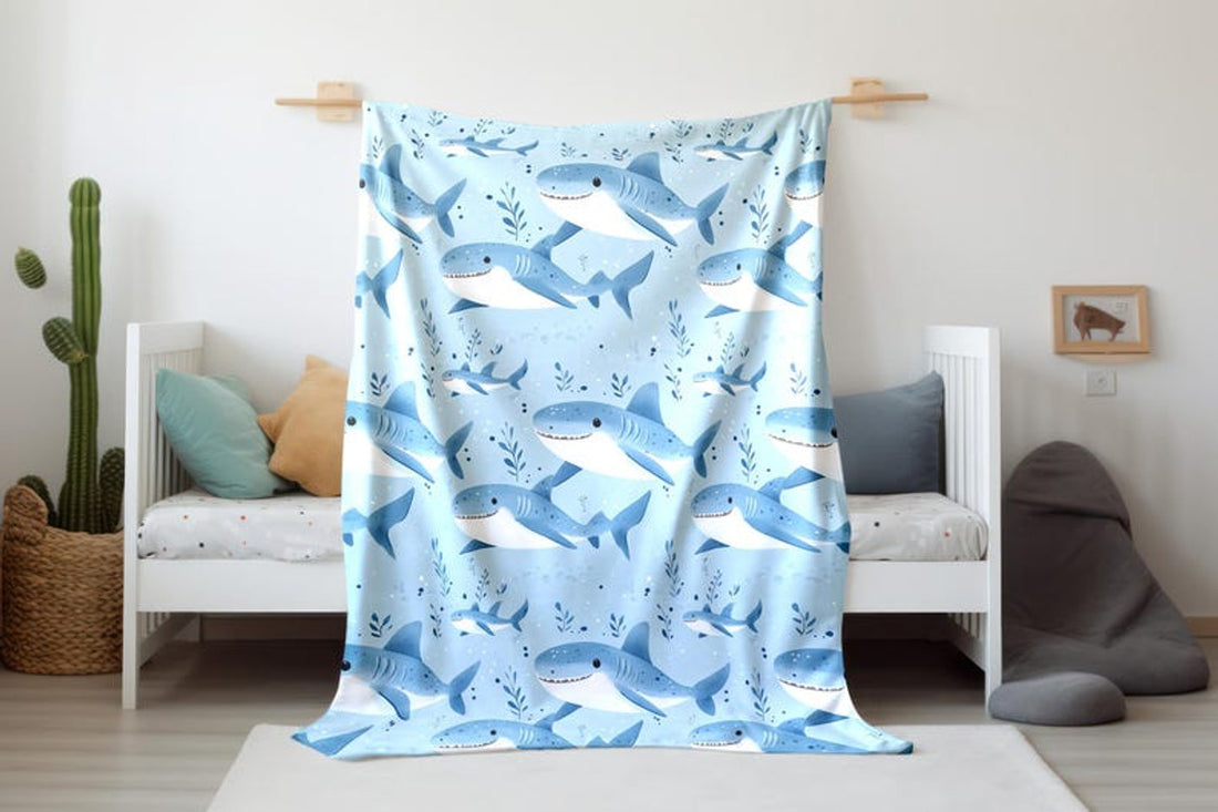 FUNSTUFFPRINT Cute Baby Shark Pattern Velveteen Blanket Design, Whimsical Shark Baby Blanket, Sherpa Blanket Nursery Decor, Sherpa Blanket, Baby Blanket