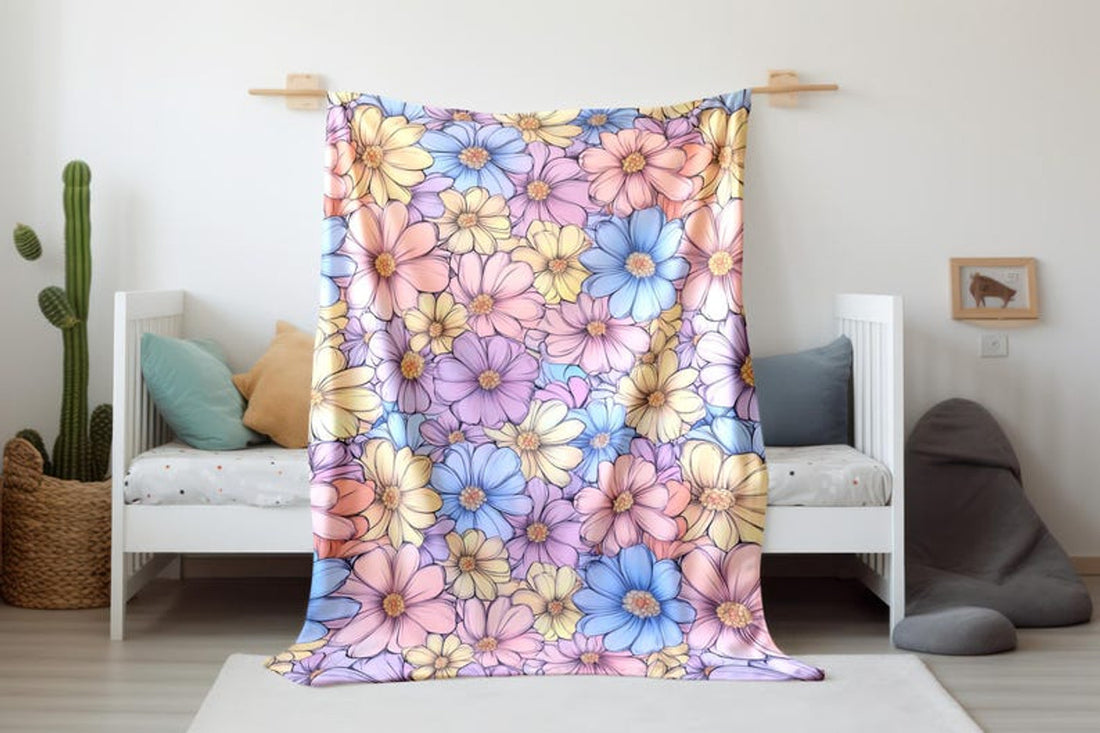 FUNSTUFFPRINT Pastel Floral Pattern Velveteen Baby Blanket, Whimsical Flowers Blanket Design, Sherpa Blanket Nursery Room Decor, Baby Girl Blanket