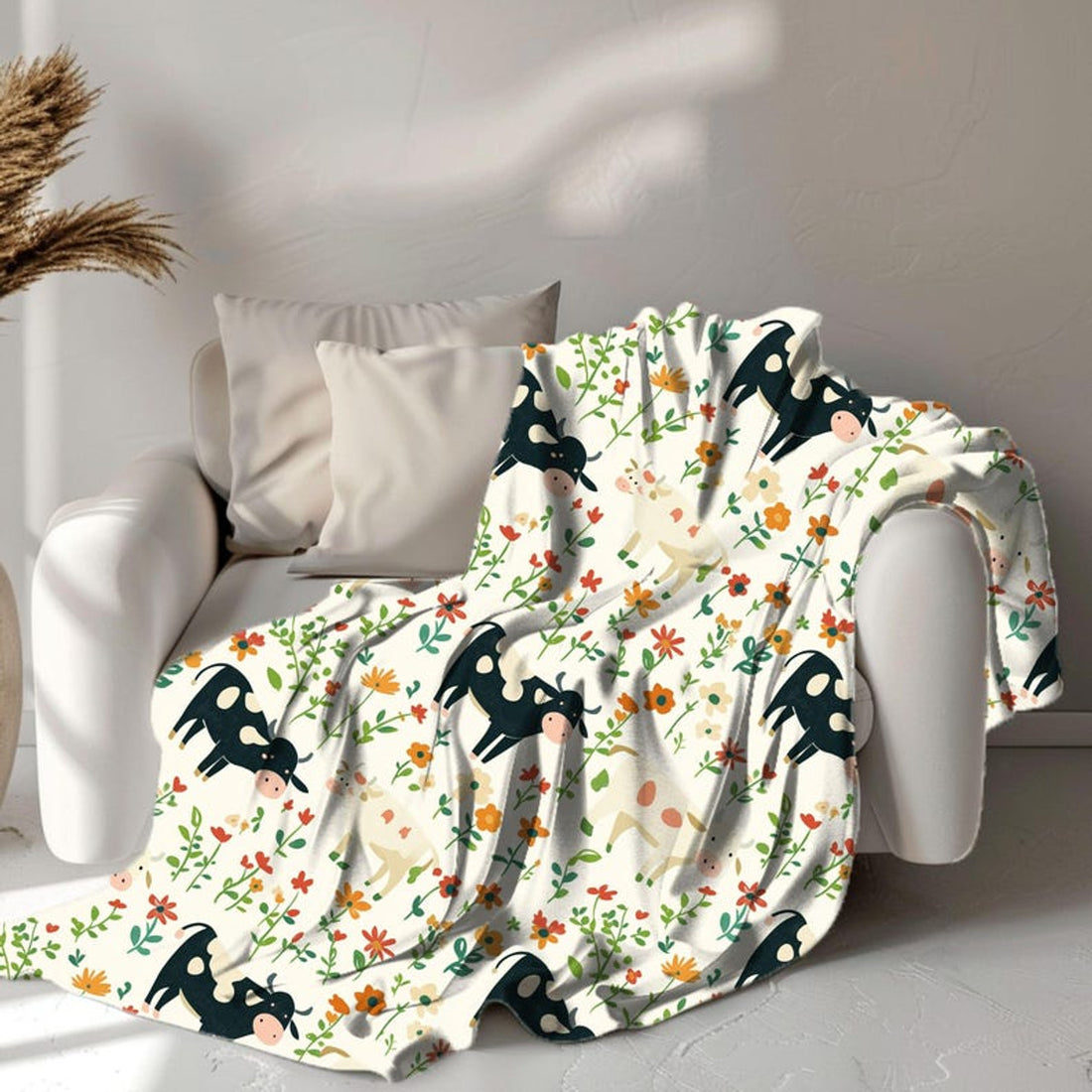 FUNSTUFFPRINT Whimsical Cow Pattern Velveteen Blanket, Cute Cow Baby Blanket Print, Sherpa Blanket Nursery Room Decor, Playroom Decor, Baby Boy Blanket