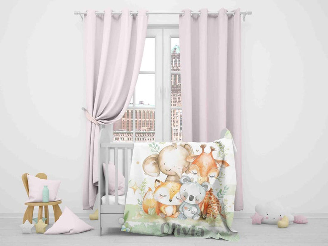 FUNSTUFFPRINT Custom  Sleeping Safari Animals Nursery Blanket Personalized Baby Blanket Forest Animal Blanket Kids Name Blanket Jungle Baby Shower Gift Throw