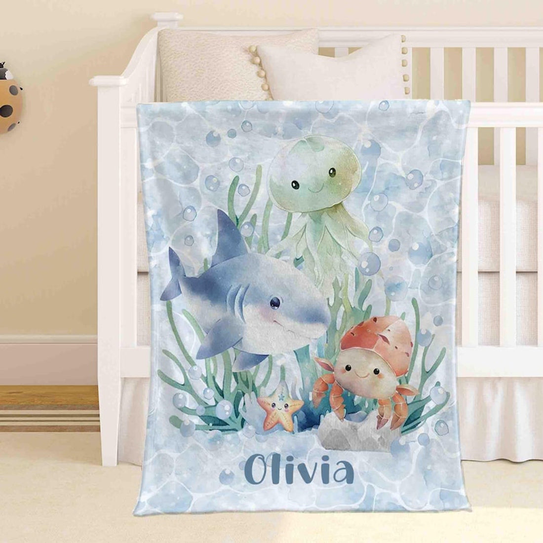 FUNSTUFFPRINT Custom  Ocean Animals Nursery Blanket Personalized Baby Blanket Sea Animal Blanket Kids Custom Name Blanket Under The Sea Baby Shower Gift For Boys