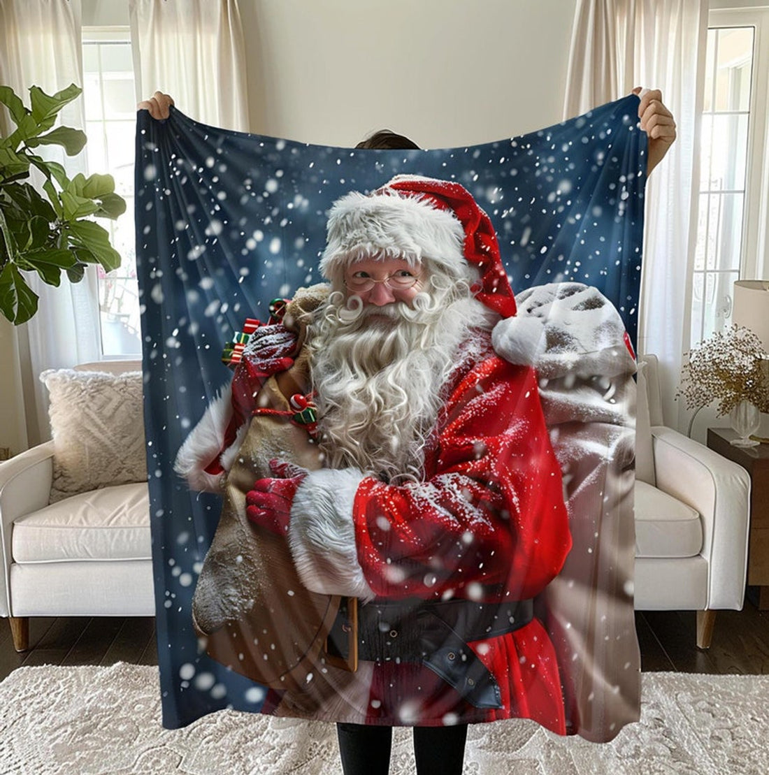 FUNSTUFFPRINT Santa Blanket Santa Claus Arctic Fleece Blanket Christmas Lover Blanket Santa Claus in Sleigh Blanket Christmas Gift for Her