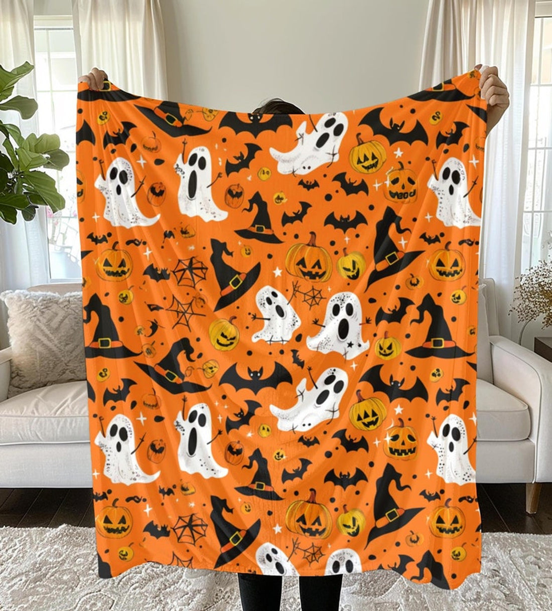 FUNSTUFFPRINT Halloween Blanket Scary Blanket Spooky Blanket Ghosts Pumpkins Magic Candy Corn Halloween Gift for Her Kids Blanket