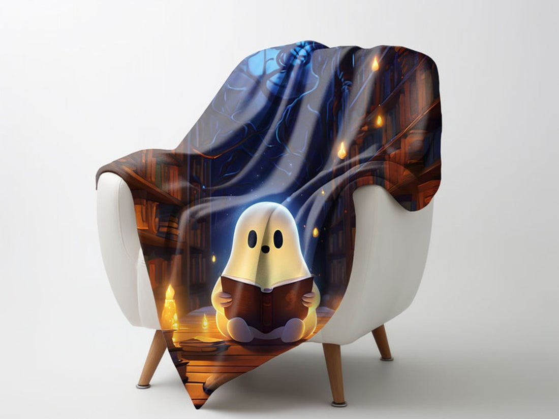 FUNSTUFFPRINT Cute Halloween blanket, bookworm ghost blanket, fluffy plush blanket, Halloween bedding, Halloween indoor decoration, Halloween couch throw