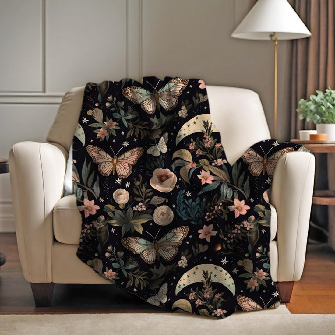 FUNSTUFFPRINT Whimsicore Aesthetic Lunar Moth Floral Sherpa Blanket, Soft and Cozy Blanket, Unique Christmas Gift Idea, Throw for Couch, Witchy Gifts