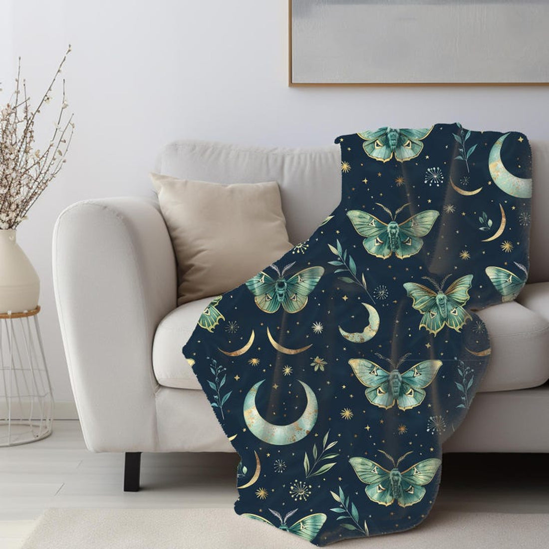 FUNSTUFFPRINT Mushroomcore Moth Aesthetic Velveteen Blanket, Boho Ethereal Moth, Forest Mushroom Christmas Gift Idea, Throw Blanket, Lunar Moon Forestcore