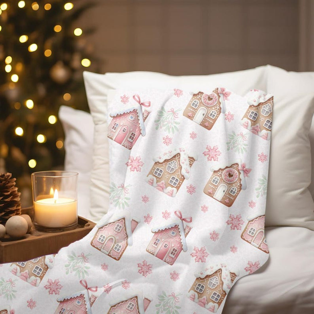 FUNSTUFFPRINT Pink Gingerbread Aesthetic Velveteen Blanket | Cozy Gingerbread Holiday Dorm Room Blanket | Holiday Gift ideas for Roommate