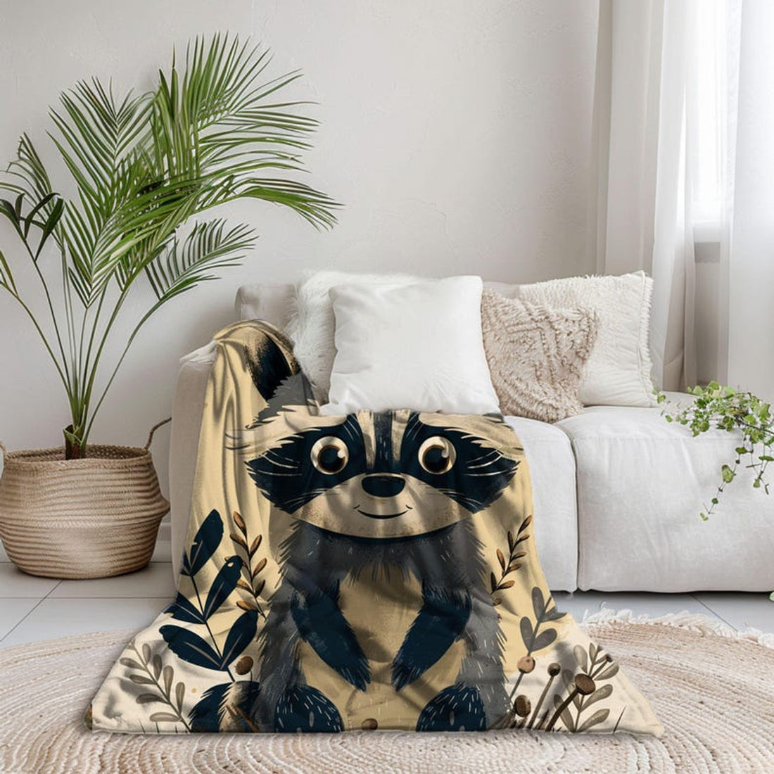 FUNSTUFFPRINT Woodland Raccoon Velveteen Blanket, Cute Raccoon Blanket Print, Sherpa Baby Blanket Woodland theme