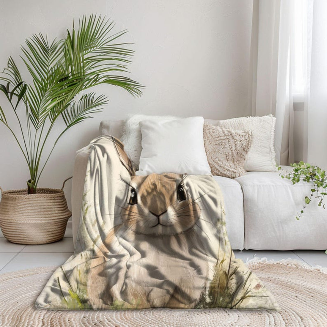 FUNSTUFFPRINT Cute Woodland Animal Bunny Rabbit Velveteen Blanket, Baby Blanket Bunny Print, Sherpa Plush Blanket Nursery Decor, Kid's Bedding