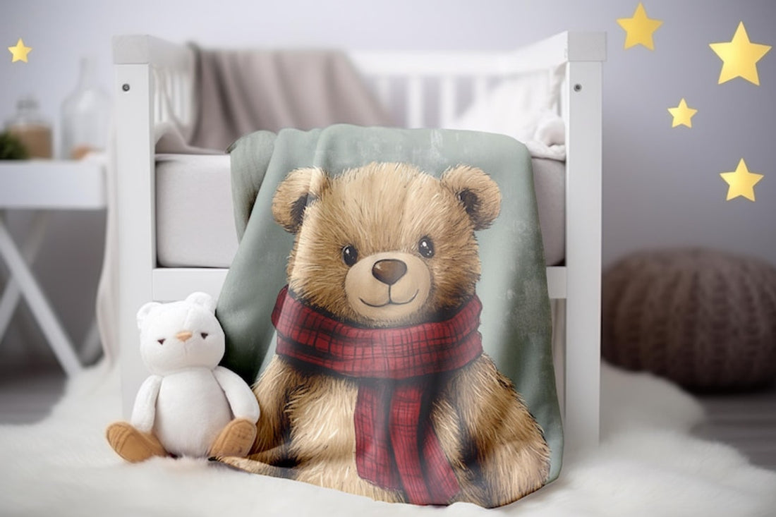 FUNSTUFFPRINT Cozy Teddy Bear Velveteen Blanket, Cute Bear Blanket Print, Sherpa Blanket, Nursery Decor, Swaddle Blanket, Cozy Blanket, Baby Girl Blanket