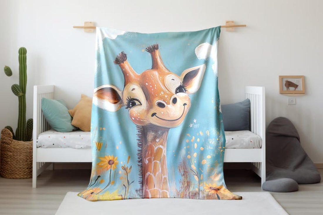 FUNSTUFFPRINT Whimsical Giraffe Baby Blanket Velveteen, Cute Cow Sherpa Plush Blanket, Nursery Room Animal Decor, Sherpa Blanket, Baby Girl Blanket