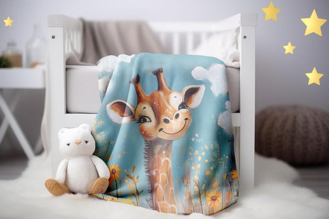 FUNSTUFFPRINT Whimsical Giraffe Baby Blanket Velveteen, Cute Cow Sherpa Plush Blanket, Nursery Room Animal Decor, Sherpa Blanket, Baby Girl Blanket