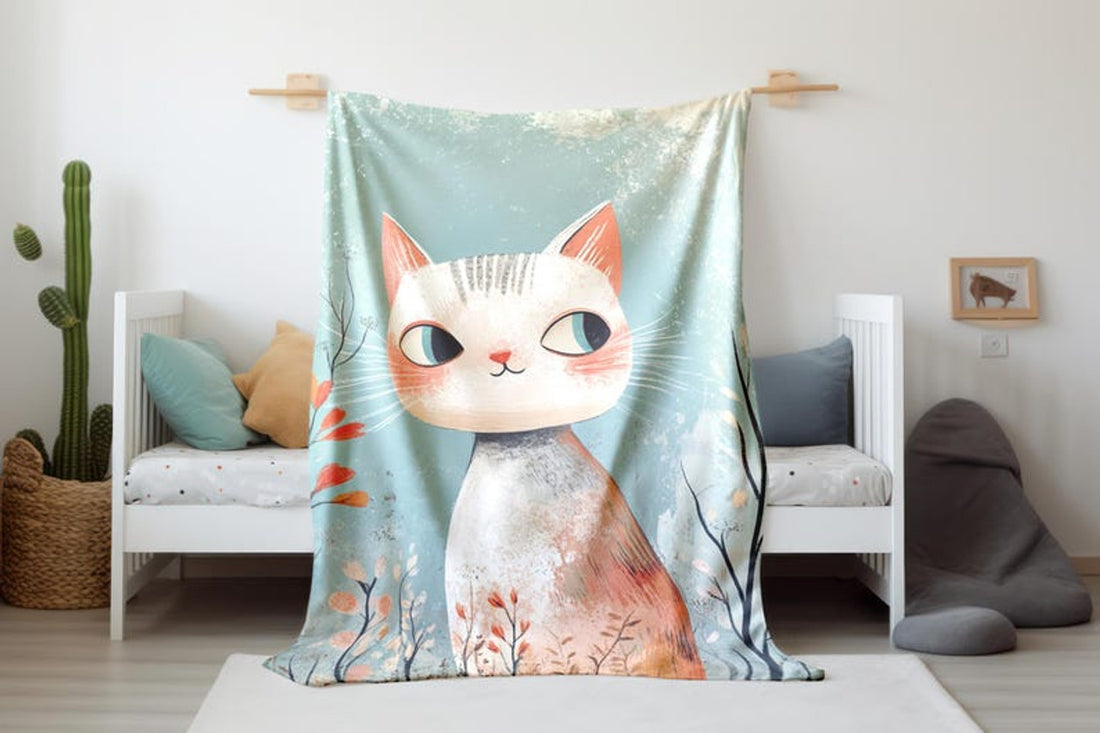 FUNSTUFFPRINT Whimsical Cat Velveteen Blanket, Baby Blanket Cute Kitty Print, Baby Girl Blanket, Swaddle Blanket, Sherpa Blanket Nursery Room Decor