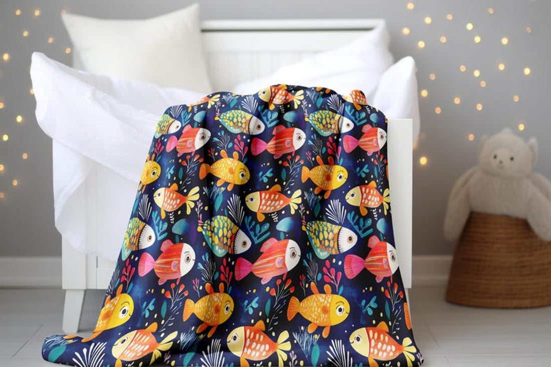 FUNSTUFFPRINT Whimsical Colorful Fish Baby Blanket, Cute Full Print Fish Velveteen Blanket, Sherpa Blanket Nursery Room Decor