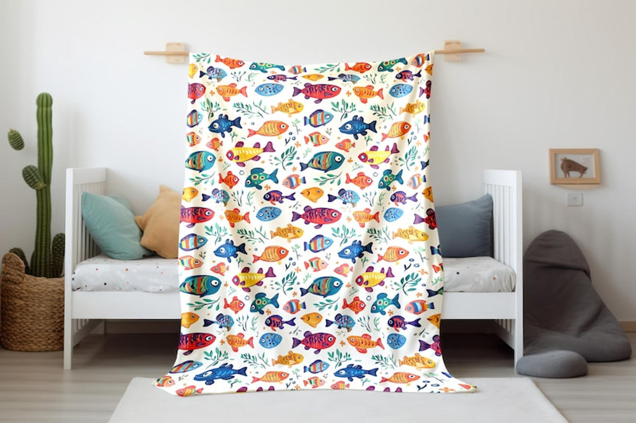 FUNSTUFFPRINT Cute Fish Pattern Velveteen Blanket Design, Whimsical Colorful Fish Baby Blanket, Sherpa Blanket Nursery Room Decor