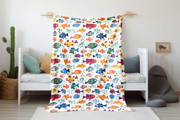 FUNSTUFFPRINT Cute Fish Pattern Velveteen Blanket Design, Whimsical Colorful Fish Baby Blanket, Sherpa Blanket Nursery Room Decor