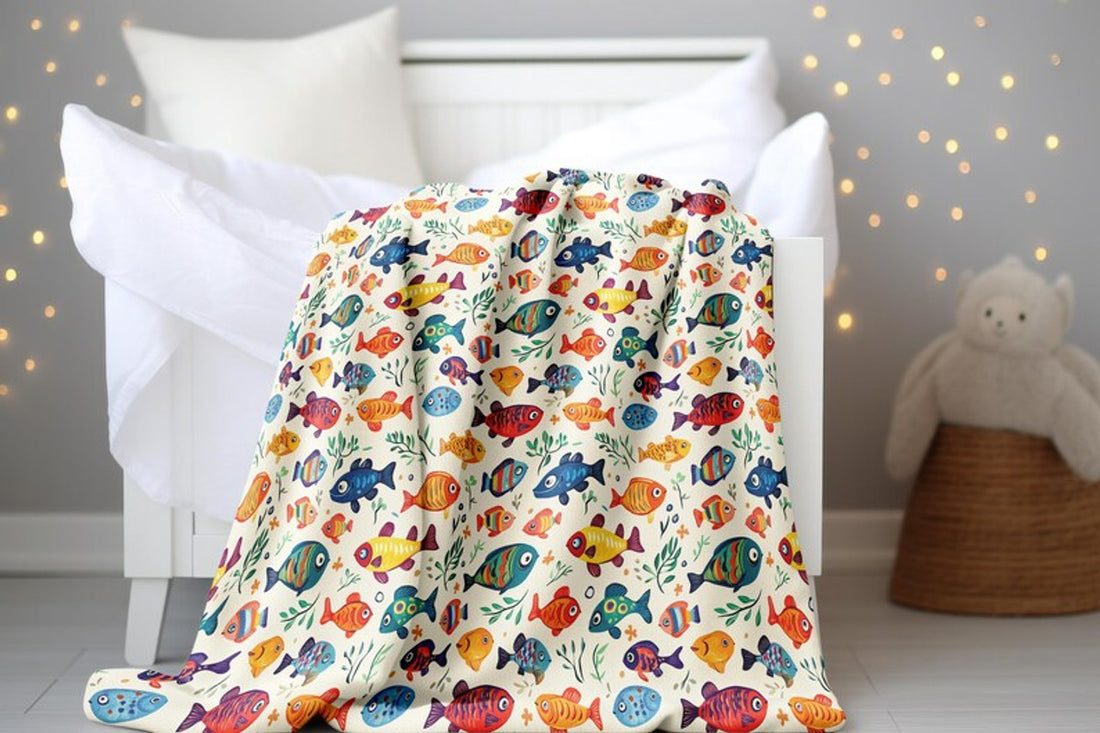 FUNSTUFFPRINT Cute Fish Pattern Velveteen Blanket Design, Whimsical Colorful Fish Baby Blanket, Sherpa Blanket Nursery Room Decor