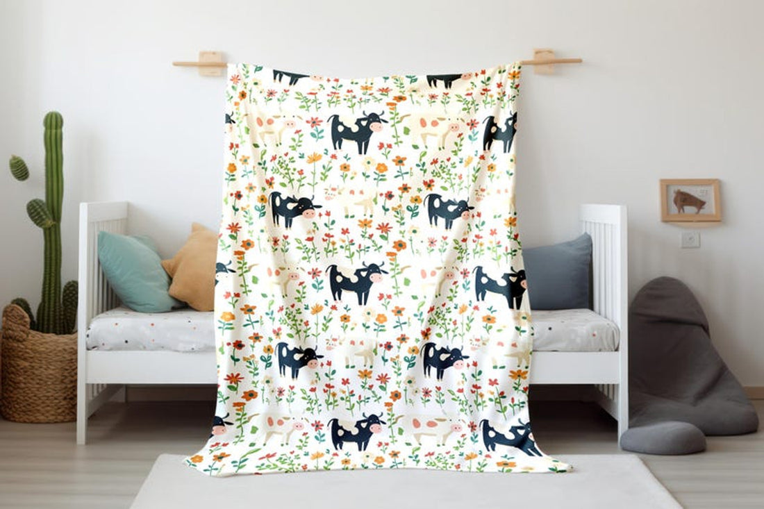 FUNSTUFFPRINT Whimsical Cow Pattern Velveteen Blanket, Cute Cow Baby Blanket Print, Sherpa Blanket Nursery Room Decor, Playroom Decor, Baby Boy Blanket