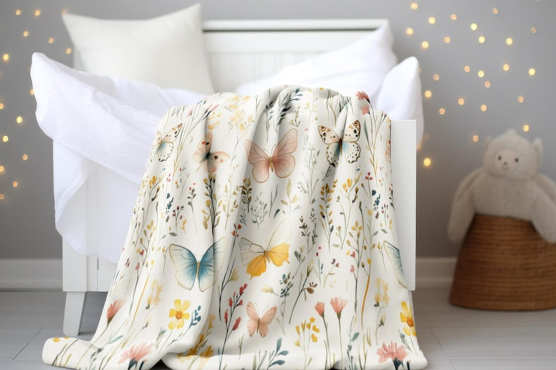 FUNSTUFFPRINT Pastel Butterflies Baby Blanket, Baby Girl Boho Floral Blanket, Sherpa Blanket, Velveteen Blanket, Wildflowers Blanket, Baby Girl Blanket