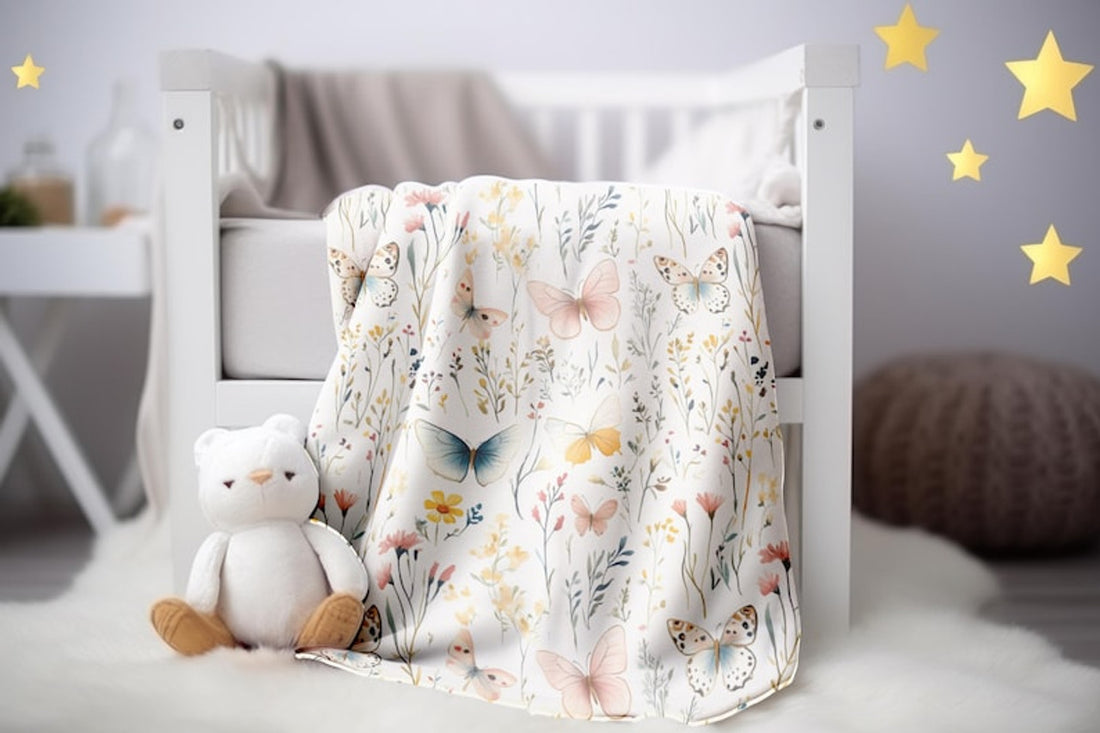 FUNSTUFFPRINT Pastel Butterflies Baby Blanket, Baby Girl Boho Floral Blanket, Sherpa Blanket, Velveteen Blanket, Wildflowers Blanket, Baby Girl Blanket