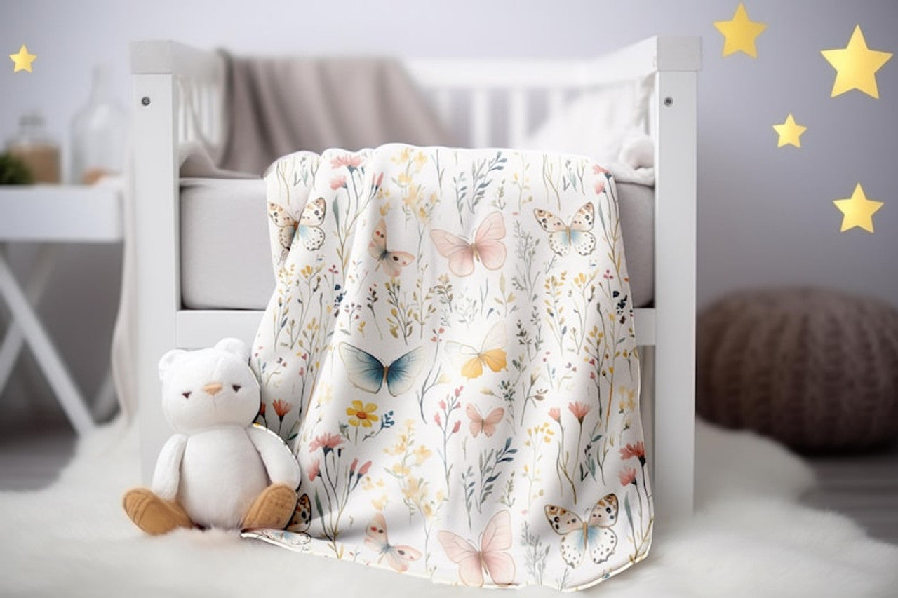 FUNSTUFFPRINT Pastel Butterflies Baby Blanket, Baby Girl Boho Floral Blanket, Sherpa Blanket, Velveteen Blanket, Wildflowers Blanket, Baby Girl Blanket